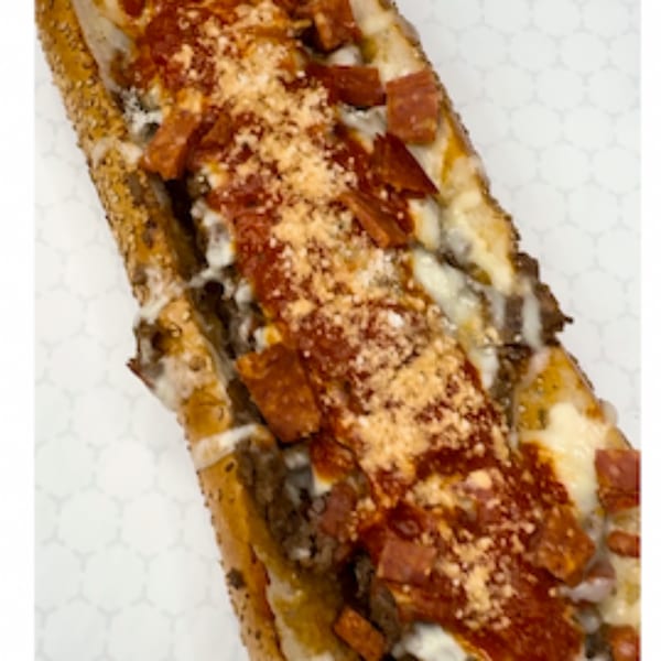 Philly Philly Cheesesteaks' cheesesteak with marinara, pepperoni, and parmesan cheese on a hoagie roll.